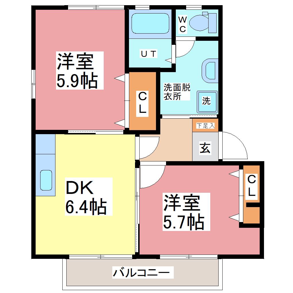 PLAT RIZIERE A棟(2DK/2階)の間取り写真