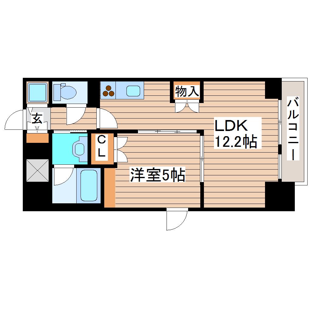 プラウドフラット五橋(1LDK/9階)の間取り写真