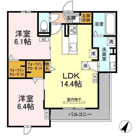 静岡県浜松市中央区 3階建 築2年(2LDK/1階)の間取り写真