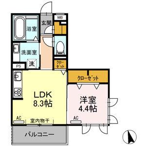 クリア トゥレスBC B棟(1LDK/2階)の間取り写真