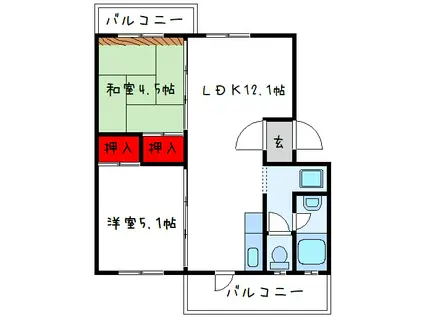 泉北竹城台二丁団地(2LDK/2階)の間取り写真