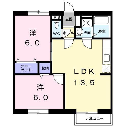 ディアコートB(2LDK/1階)の間取り写真