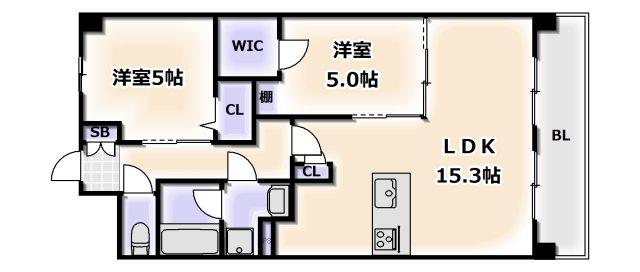 スプランディッド難波ウエストIII(2LDK/7階)の間取り写真