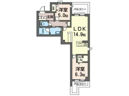 レウニールグラシアス川口(2LDK/2階)の間取り写真