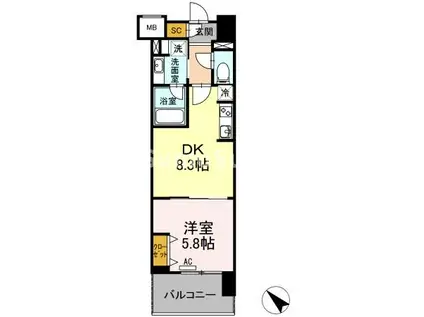 ウィスタリア レジデンス 博多(1DK/5階)の間取り写真