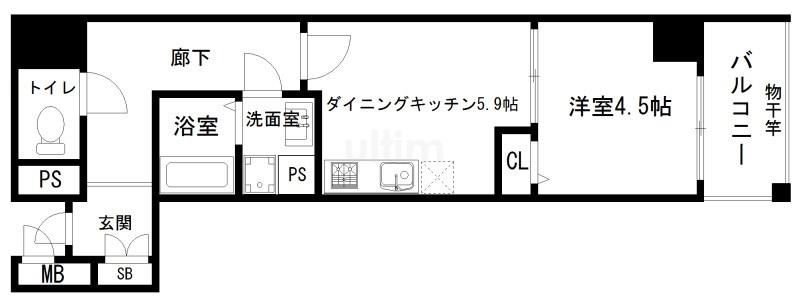 ベラジオ京都西大路II(1DK/9階)の間取り写真