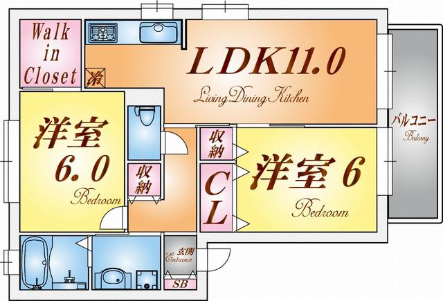 サンシャインヒルズ(2LDK/2階)の間取り写真