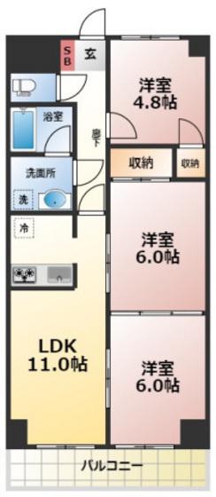 日宝ポニクレール府中(3LDK/2階)の間取り写真