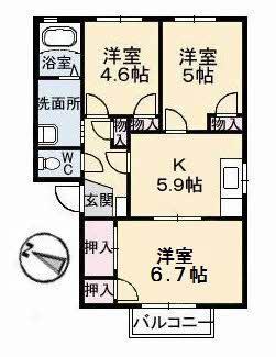 サンライン川入B棟(3K/1階)の間取り写真