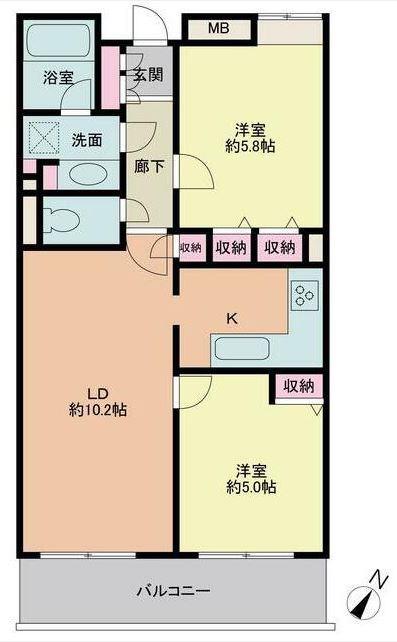 京王線 調布駅 徒歩18分 4階建 築24年(2LDK/2階)の間取り写真