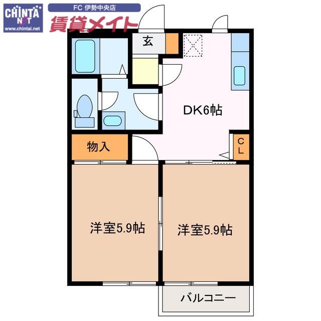パールハウスA(2DK/2階)の間取り写真