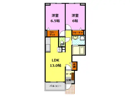 シャン・ド・フルール弐番館(2LDK/1階)の間取り写真