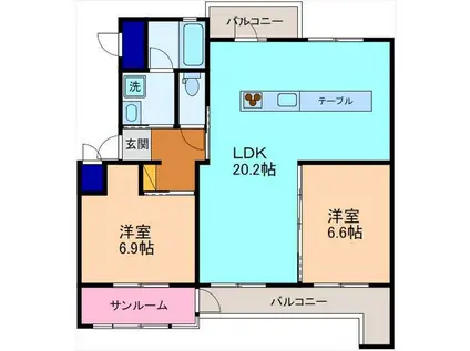 アクアルーチェ北安江(2LDK/1階)の間取り写真