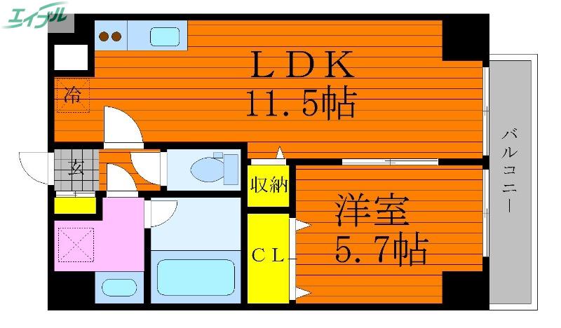 ピュアコート医大南(1LDK/3階)の間取り写真