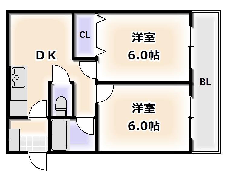 ヴィラウエスト難波(2DK/4階)の間取り写真