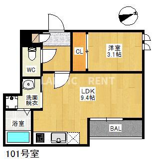GRANDTIC 箱崎 SOLARE(1LDK/1階)の間取り写真