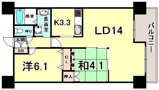 レジディア三宮東(2LDK/13階)の間取り写真