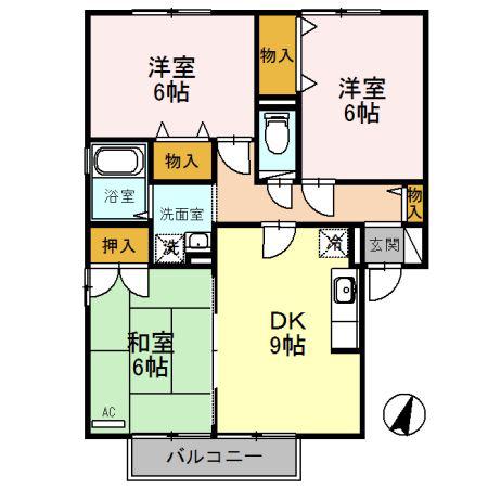 ヴィルクレール A棟(3DK/1階)の間取り写真