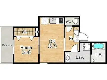 ジーメゾン西湊ウィシエ(1DK/2階)の間取り写真