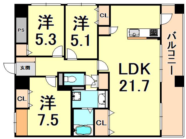 プレラ西宮(3LDK/12階)の間取り写真