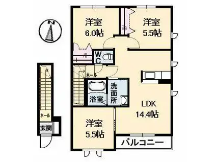 スカイハイツ坪生 B棟(3LDK/2階)の間取り写真