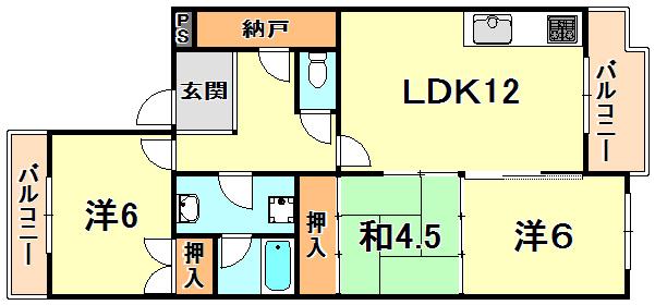 ハピネス(3LDK/4階)の間取り写真