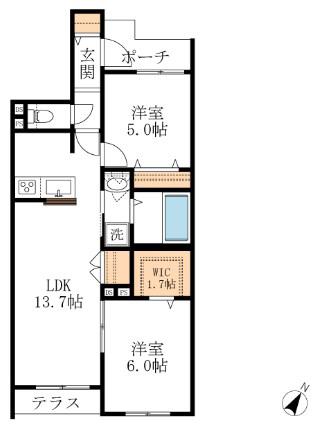 クオン ティーグル(2LDK/1階)の間取り写真