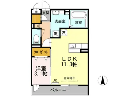 KRANE B棟(1LDK/3階)の間取り写真