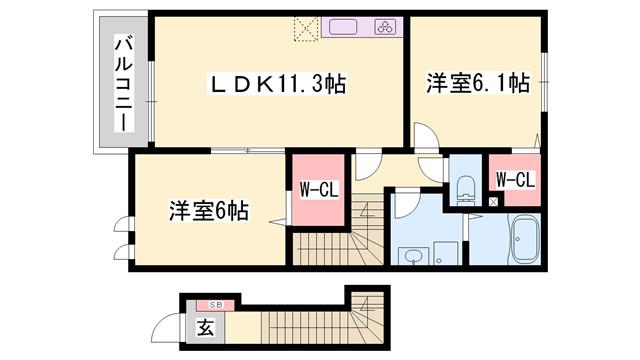 アプローズB棟(2LDK/2階)の間取り写真