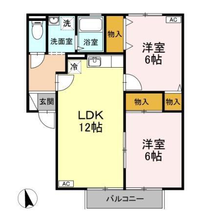 ヴェルフレールA棟(2LDK/1階)の間取り写真