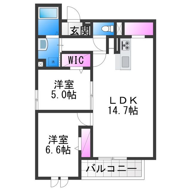 PASSARO GRANDE北田辺(2LDK/2階)の間取り写真