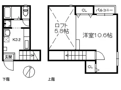 ポラリス西の丘(1K/2階)の間取り写真
