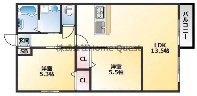 ファヴォリート志紀南(2LDK/1階)の間取り写真