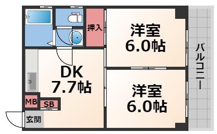メゾン長田(2DK/6階)の間取り写真