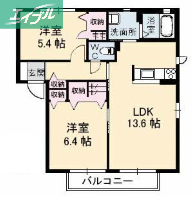サンク・リオンC棟(2LDK/2階)の間取り写真