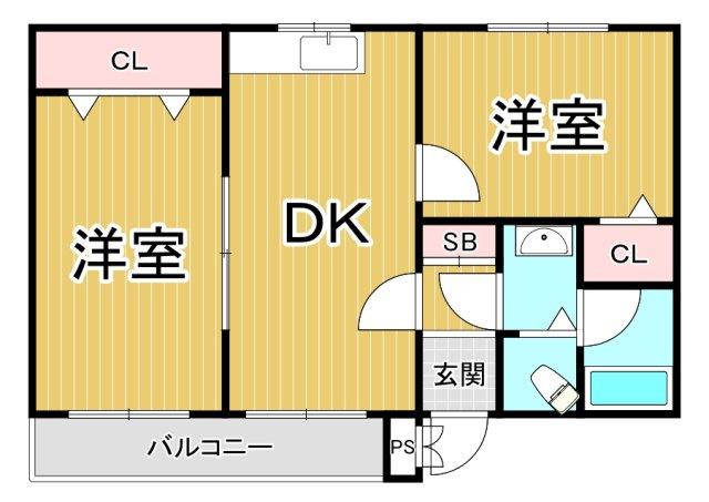 ハイツ室川Ⅰ(2DK/2階)の間取り写真