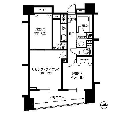 パークキューブ浅草田原町(2LDK/9階)の間取り写真
