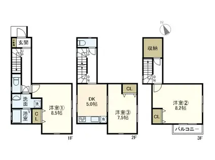 吉田町テラスハウス(3SDK/1階)の間取り写真