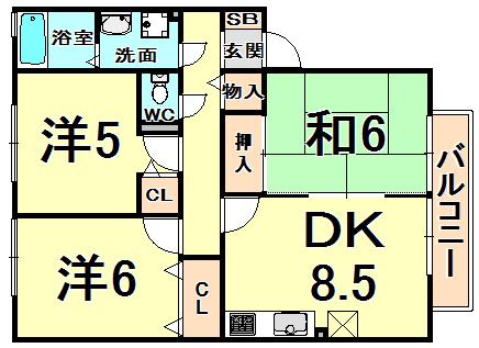 グランパルク向井B棟(3DK/2階)の間取り写真