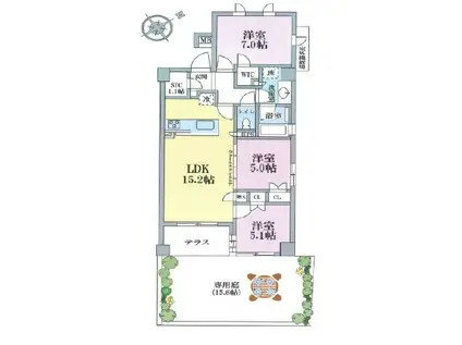 京王井の頭線 永福町駅 徒歩5分 4階建 築10年(3LDK/1階)の間取り写真