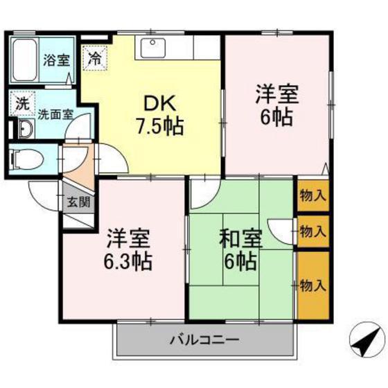ウィルモアB棟(3DK/2階)の間取り写真