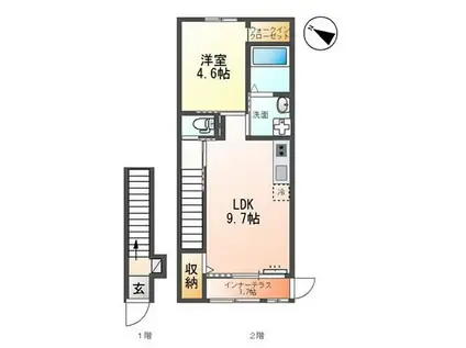 ペアリーフII(1LDK/2階)の間取り写真