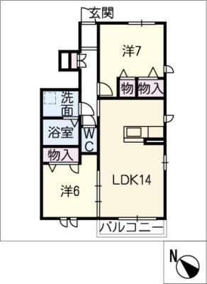 ガーデンヒルズA棟(2LDK/1階)の間取り写真