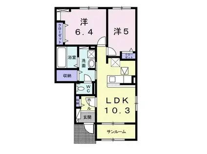 オビーガーデン三次 B棟(2LDK/1階)の間取り写真