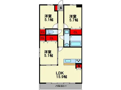 ロハス桂川駅南(3LDK/3階)の間取り写真
