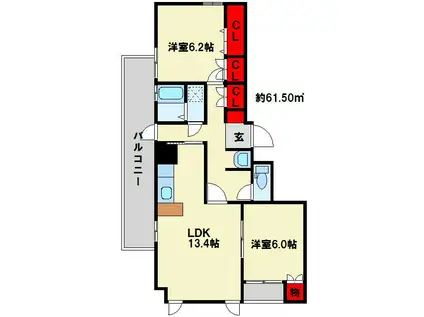 エイチエヌ石坪(2LDK/4階)の間取り写真