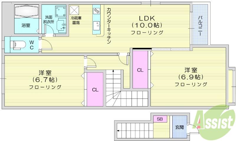 クレスト多賀城(2LDK/2階)の間取り写真