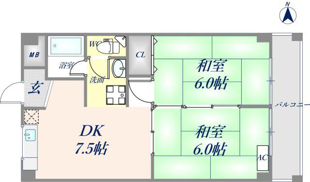 サンハイツ大和(2DK/4階)の間取り写真