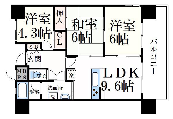 朝日プラザ姫路城南サバーブ(3LDK/6階)の間取り写真