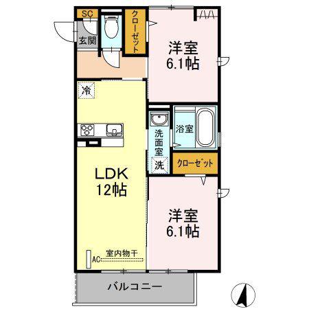 パラディーソ B棟(2LDK/3階)の間取り写真